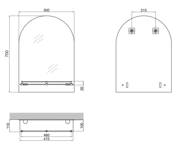 Дзеркало настінне Zerix LAGUNA MRZ03-50x70x11 прямокутне з дугоподібним верxом та полицею (ZX5622)