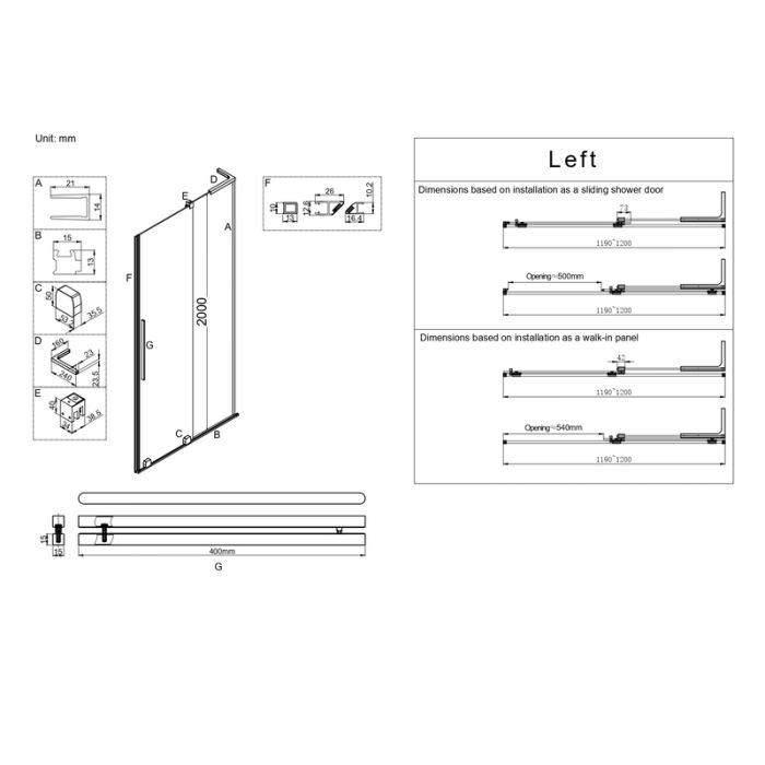 Двері у нішу Walk-In розсувні Koer SR SD07-120x200-L-TR-07 прозоре скло Easy Clean 8мм Графіт (KR5688)