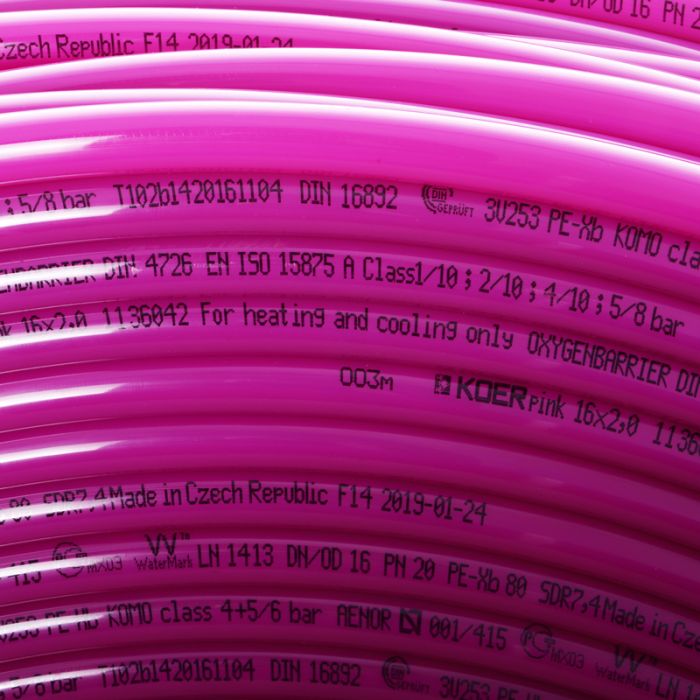 Труба для теплої підлоги з кисневим бар'єром Koer PEX-B EVOH 16 * 2,0 (pink) (600 м) (KR2853)