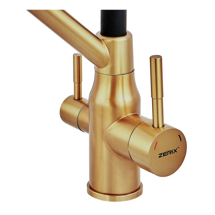 Змішувач для кухні з силіконовим виливом Zerix MAG-021 Brushed Gold Refl.Black з нерж. сталі SUS304 з виходом для пит.води (ZX6007)