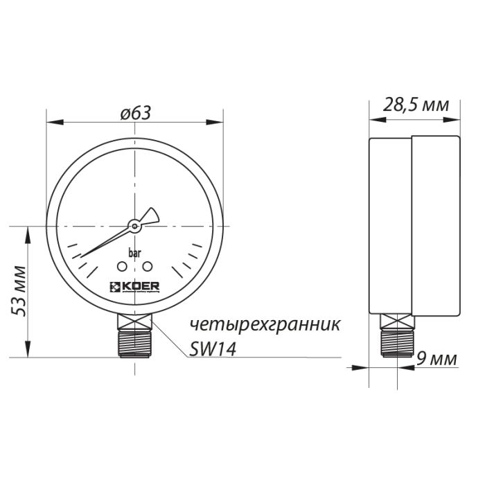 Манометр радіальний (KOER KM.610R) (0-4 bar), D 63мм, 1/4'' (KR0203)