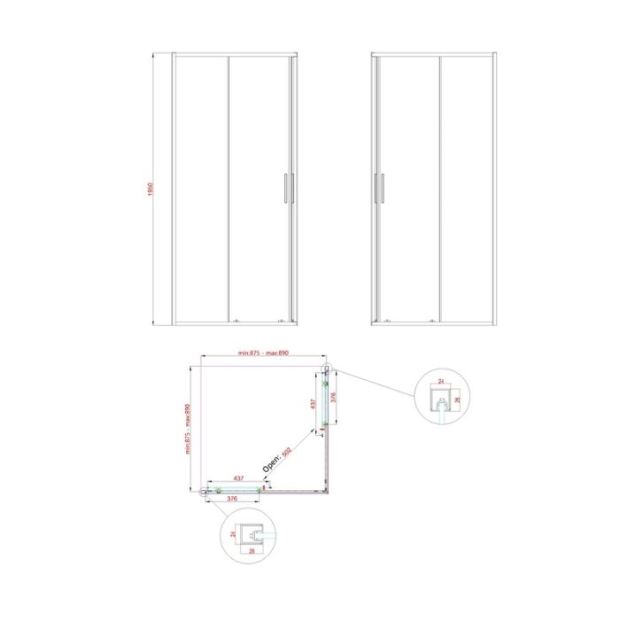 Душова кабіна без піддону Koer SR SC10-90x90x195-TR-12 прозоре скло Easy Clean 6мм, матове золото (KR5943)