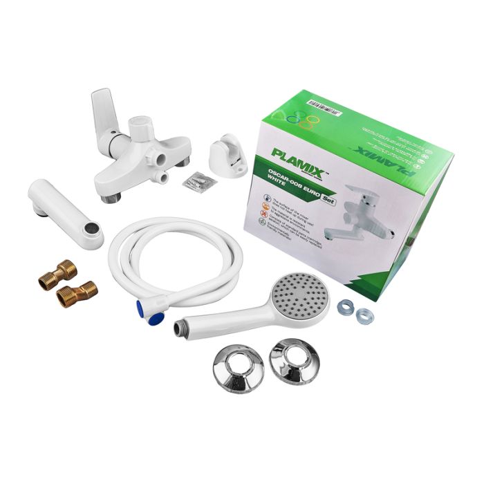 Змішувач для ванни PLAMIX OSCAR-008 EURO SET WHITE (зі шлангом, лійкою та кронштейном) (PM0698)