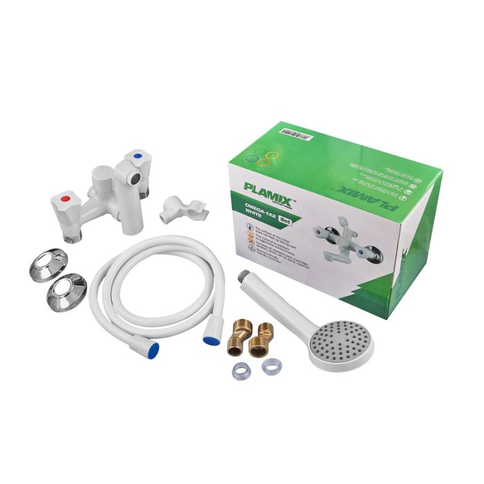 Змішувач для ванни PLAMIX OMEGA-142 EURO SET WHITE (зі шлангом, лійкою та кронштейном) (MX9699)