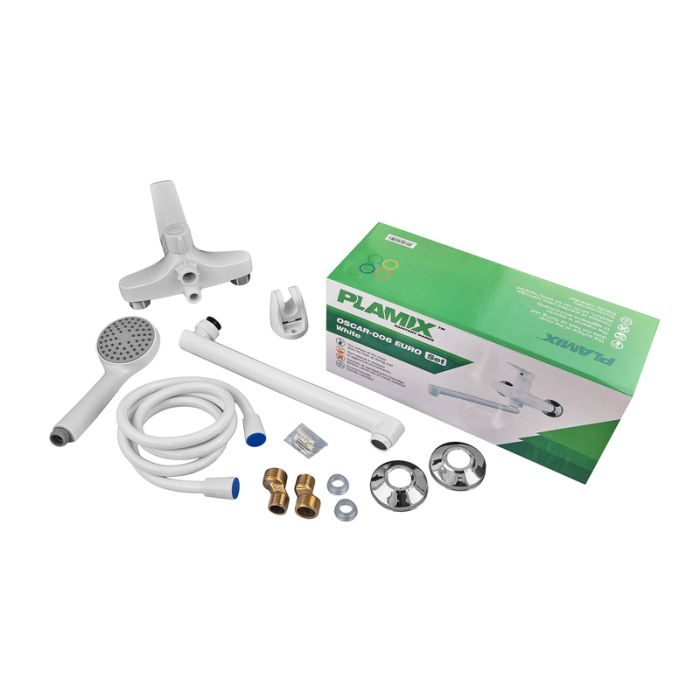 Змішувач для ванни PLAMIX OSCAR-006 EURO SET WHITE (зі шлангом, лійкою та кронштейном) (MX1895)