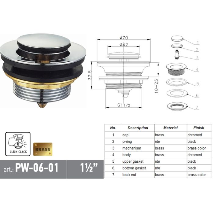 Донний клапан для ванни Koer PW-06-01 1 1/2'' автоматичний СLICK-СLACK (Колір хром) (KR5799)