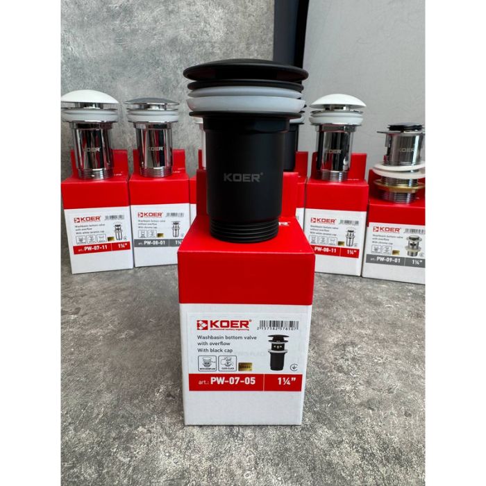 Донний клапан для раковини Koer PW-07-05 1 1/4'' з переливом автоматичний СLICK-СLACK (Колір чорн) (KR5785)
