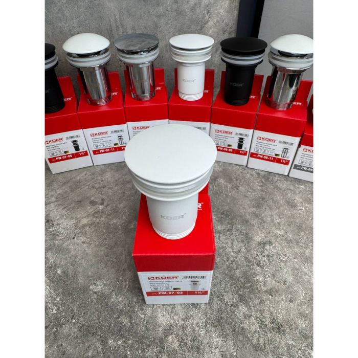 Донний клапан для раковини Koer PW-07-03 1 1/4'' з переливом автоматичний СLICK-СLACK (Колір білий) (KR5783)