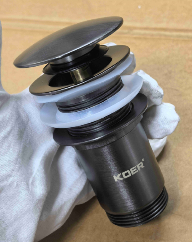 Донний клапан для раковини Koer PW-07-07 1 1/4" з переливом автоматичний CLICK-CLACK (Колір графіт) (KR6483)