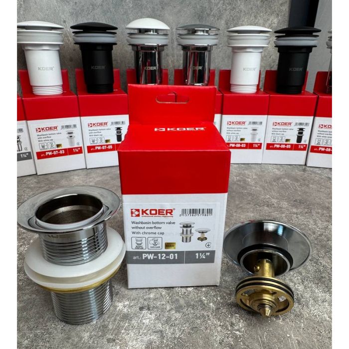 Донний клапан для раковини Koer PW-12-01 1 1/4''  без переливу автоматичний СLICK-СLACK (Колір хром) (KR5798)