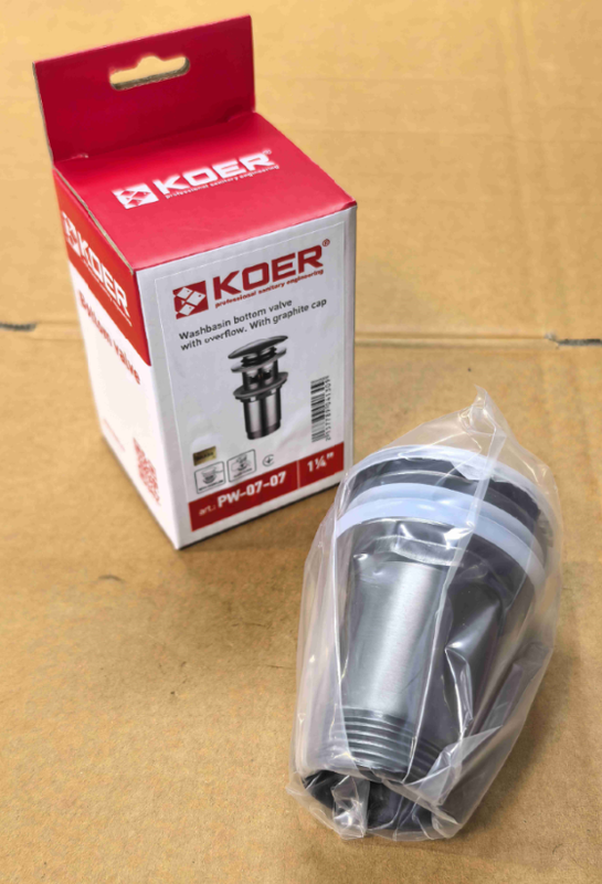 Донний клапан для раковини Koer PW-07-07 1 1/4" з переливом автоматичний CLICK-CLACK (Колір графіт) (KR6483)